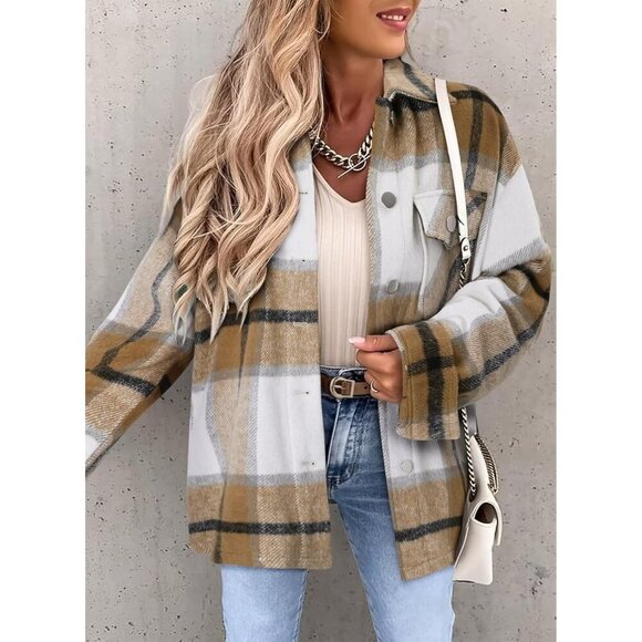 Women Yellow Collared V Neck Button Down Oversized Long Sleeve Shirt Top - Picture 4 of 5